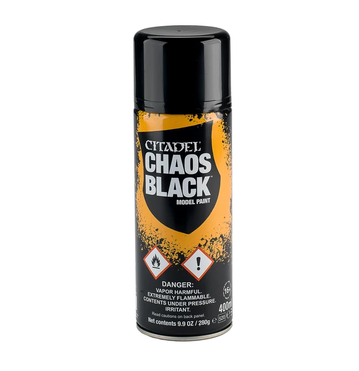 CHAOS-BLACK-SPRAY-GLOBAL-6-PACK-10 Warhammer 40K Citadel : Chaos Blaxk Spray (Basecoat) - 400ml - Billede 1